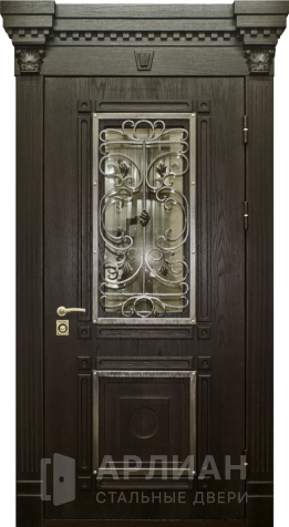 Фото «Оригинальная дверь в частный дом с ковкой и стеклом №390»